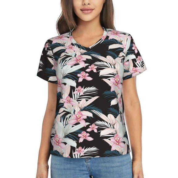 Uemuo Orchids Flowers Printed Women's Classic V-Neck T-Shirt - Soft, Breathable, Moisture-Wicking, Perfect for Casual, Office, Travel, and Everyday Wear-Large