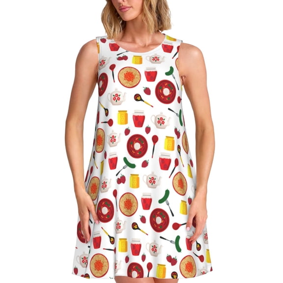 Uemuo Oriental Cuisine Pattern Women’s Sleeveless Dress – Casual Summer A-Line Dress, Stylish and Comfortable Sundress for Hot Weather