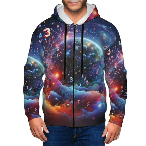 Uemuo Outer Space Floating Numbers And Letters for Men's Fashion Full-zip Hoodies & Sweatshirts with Kangaroo Pocket, Zip-up Hooded Sweatshirt, Moisture Wicking & Breathable-3X-Large