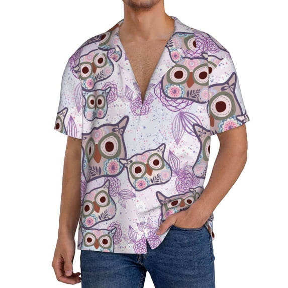 Uemuo Owl And Floral Pattern Cotton Linen Short Sleeve Shirts,Casual Lightweight Button Down Shirts,Vacation Beach Summer Tops-X-Large