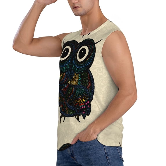 Uemuo Owl with Mandala Pattern Men's Sleeveless T-Shirt,Muscle Athletic Tank Top, Moisture-wicking Quick-dry Breathable Classic Tee Top for Gym Run Outdoor Sports-X-Large