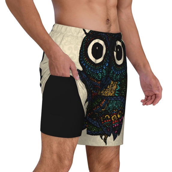 Uemuo Owl with Mandala Pattern Mens Swim Trunks Quick Dry Board Shorts with Mesh Lining, Stretch Beach Shorts Quick Dry No-Chafing Board Shorts-X-Large