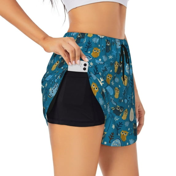 Uemuo Owls And Trees Pattern Women's Athletic Shorts High Waisted Running Shorts with Liner Pockets Gym Elastic Workout Shorts-Small