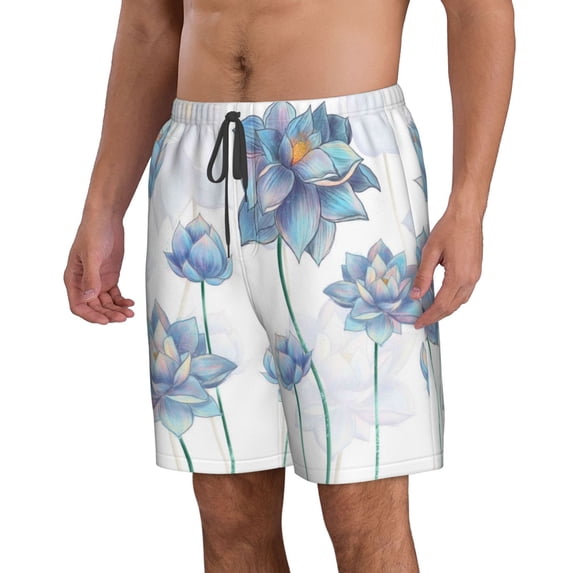 Uemuo Pale Blue Lotus Flowers Pattern Men's Swim Trunks Hawaiian Beach Bathing Suit Swimsuits Beach Quick-Dry Shorts with Pockets-Medium