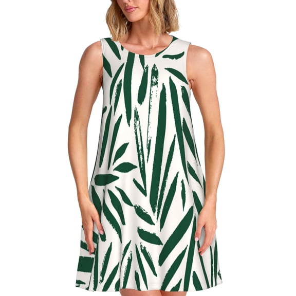 Uemuo Palm Branch With Leaves Pattern Women’s Sleeveless Dress – Casual Summer A-Line Dress, Stylish and Comfortable Sundress for Hot Weather