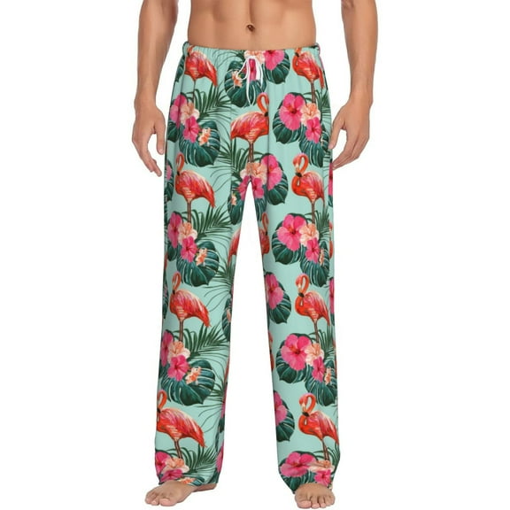 Uemuo Palm Leaves Flamingo Pattern Men's Wide Leg Palazzo Lounge Pants with Pockets Light Weight Loose Comfy Casual Pajama Pants-Small
