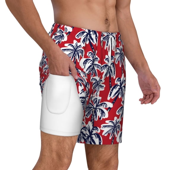 Uemuo Palm Tree Pattern on Red Pattern Mens Swim Trunks Quick Dry Board Shorts with Mesh Lining, Stretch Beach Shorts Quick Dry No-Chafing Board Shorts-Medium