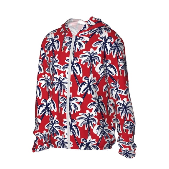 Uemuo Palm Tree Pattern on Red Pattern Women's Full Zip UPF 50+ Sun Protection Hoodie Jacket Long Sleeve Sun Shirt Hiking Outdoor Performance with Pockets-X-Large