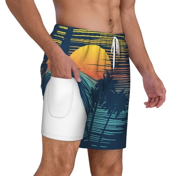 Uemuo Palm Trees Pattern Mens Swim Trunks Quick Dry Board Shorts with Mesh Lining, Stretch Beach Shorts Quick Dry No-Chafing Board Shorts-Medium