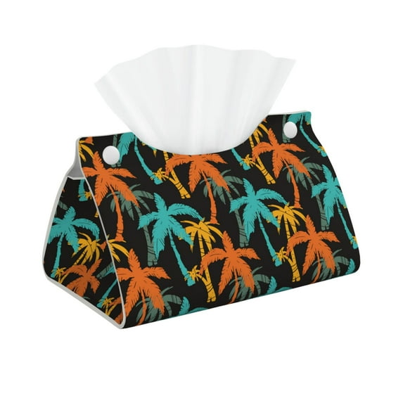Uemuo Palm Trees Pattern Tissue Box Cover Holder, Triangle with Bottom Belt - PVC Leather Decorative Organizer for Tabletop, Bathroom, Car, Office