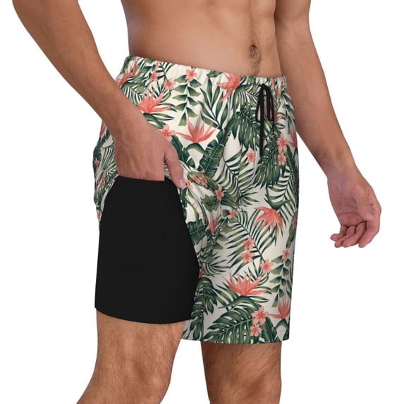 Uemuo Palm Trees and Tropical Pattern Mens Swim Trunks Quick Dry Board Shorts with Mesh Lining, Stretch Beach Shorts Quick Dry No-Chafing Board Shorts-Medium