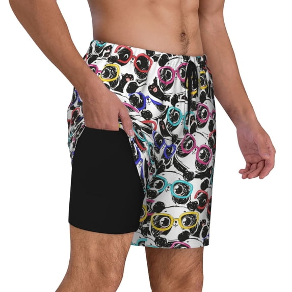 Uemuo Panda And Glasses Pattern Mens Swim Trunks Quick Dry Board Shorts with Mesh Lining, Stretch Beach Shorts Quick Dry No-Chafing Board Shorts-XX-Large
