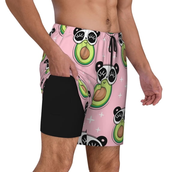 Uemuo Panda Avocado Pattern Mens Swim Trunks Quick Dry Board Shorts with Mesh Lining, Stretch Beach Shorts Quick Dry No-Chafing Board Shorts-3X-Large