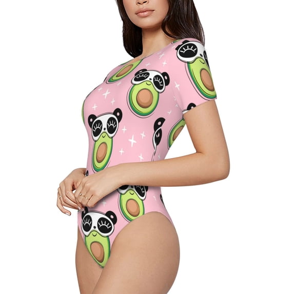 Uemuo Panda Avocado Pattern Women's One Piece Short Sleeve Swimsuit Rash Guard Surfing Modest Quick-drying Swimsuit Beach Essentials-Large