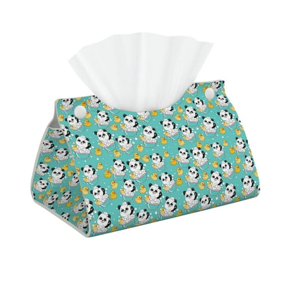 Uemuo Panda Bathing In The Bath Pattern Tissue Box Cover Holder, Triangle with Bottom Belt - PVC Leather Decorative Organizer for Tabletop, Bathroom, Car, Office