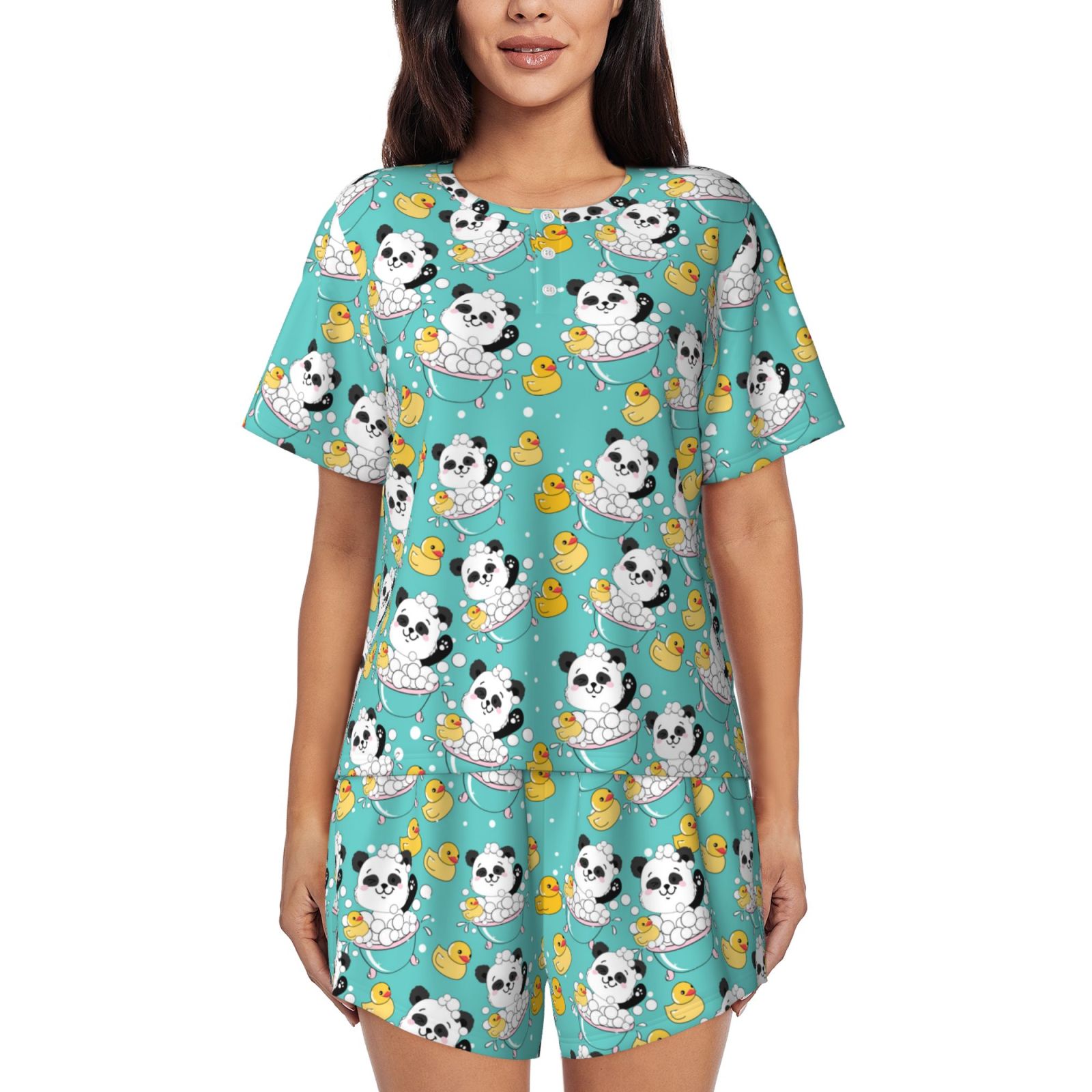 Panda Bathing In The Bath Pattern Women's Short-Sleeved Pajama, Button-Front Loungewear, 2-Piece Summer Sleepwear, Elastic Drawstring Shorts-Small