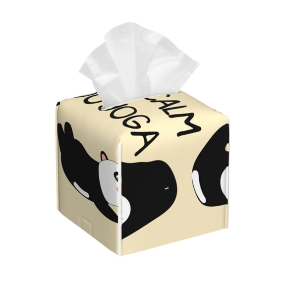 Uemuo Panda Doing Yoga Tissue Box Cover Holder, Square with Bottom Belt - PVC Leather Decorative Organizer for Tabletop, Bathroom, Car, Office