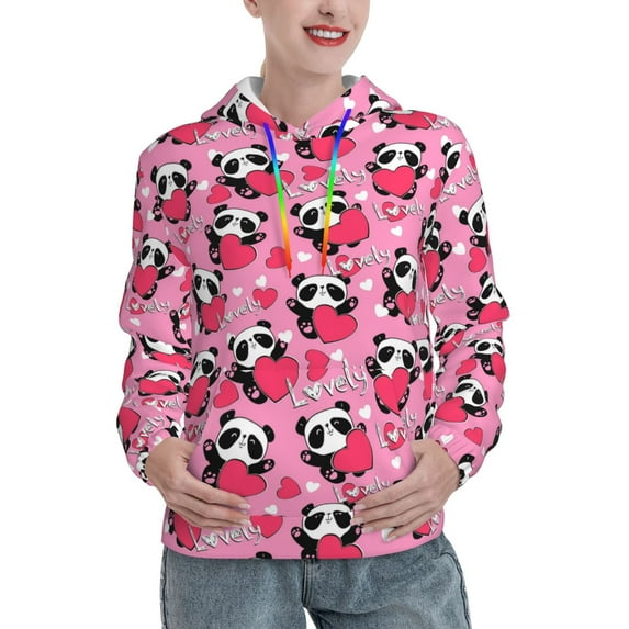 Uemuo Panda Heart Valentine Pattern Women's Hoodie with Eye-catching Drawstrings- Casual Pullover Hoodie with Kangaroo Pocket, Stylish Hooded Sweatshirt-XX-Large