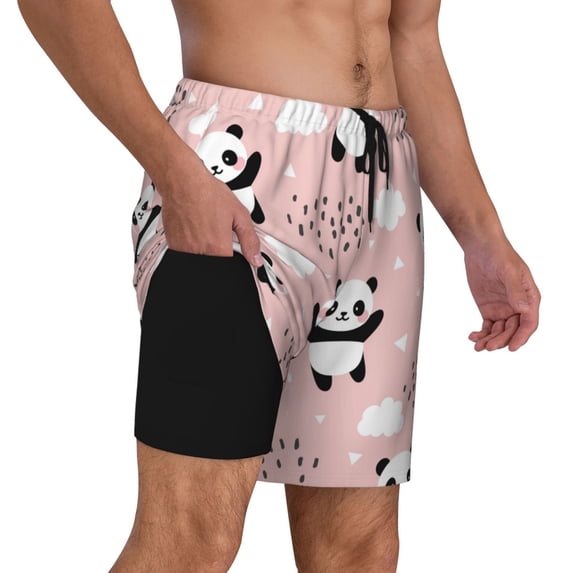 Uemuo Panda Pattern Mens Swim Trunks Quick Dry Board Shorts with Mesh Lining, Stretch Beach Shorts Quick Dry No-Chafing Board Shorts-Large