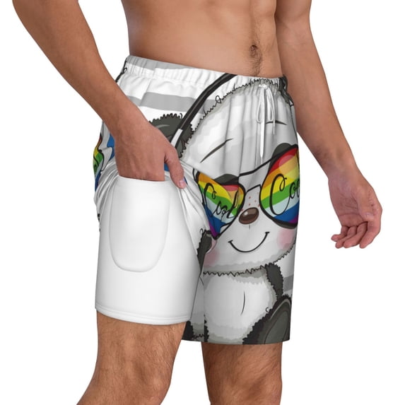 Uemuo Panda with Sun glasses Pattern Mens Swim Trunks Quick Dry Board Shorts with Mesh Lining, Stretch Beach Shorts Quick Dry No-Chafing Board Shorts-Small