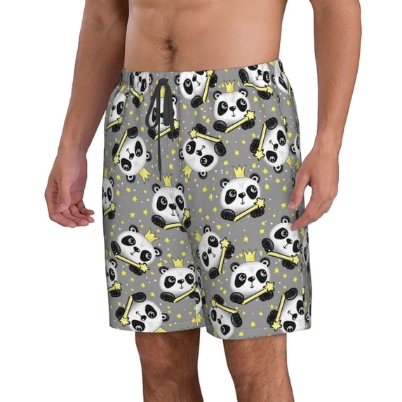 Uemuo Panda With Crown And Stars Pattern Men's Swim Trunks Hawaiian Beach Bathing Suit Swimsuits Beach Quick-Dry Shorts with Pockets-Large