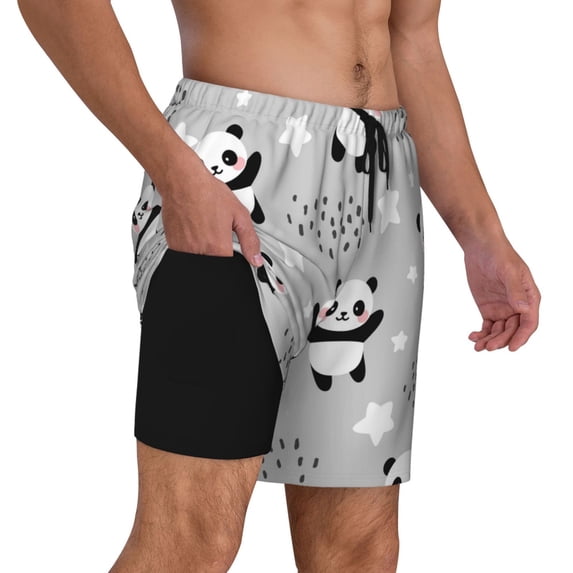Uemuo Pandas Pattern Mens Swim Trunks Quick Dry Board Shorts with Mesh Lining, Stretch Beach Shorts Quick Dry No-Chafing Board Shorts-Small