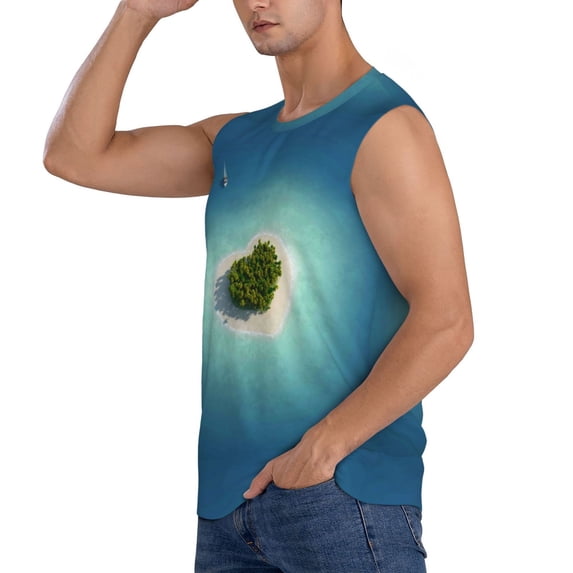 Uemuo Paradise Island Pattern Men's Sleeveless T-Shirt,Muscle Athletic Tank Top, Moisture-wicking Quick-dry Breathable Classic Tee Top for Gym Run Outdoor Sports-Large
