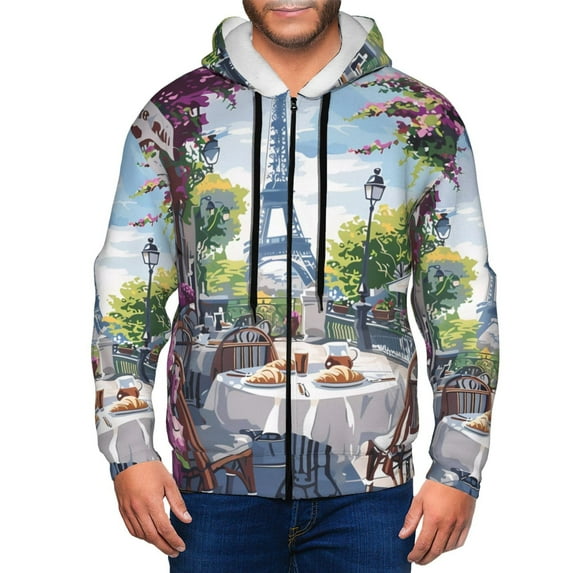 Uemuo Parisian Cafe With Eiffel for Men's Fashion Full-zip Hoodies & Sweatshirts with Kangaroo Pocket, Zip-up Hooded Sweatshirt, Moisture Wicking & Breathable-Medium