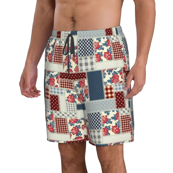 Uemuo Patchwork In Country Style Pattern Men's Swim Trunks Hawaiian Beach Bathing Suit Swimsuits Beach Quick-Dry Shorts with Pockets-Large
