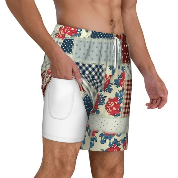 Uemuo Patchwork In Country Style Pattern Mens Swim Trunks Quick Dry Board Shorts with Mesh Lining, Stretch Beach Shorts Quick Dry No-Chafing Board Shorts-3X-Large