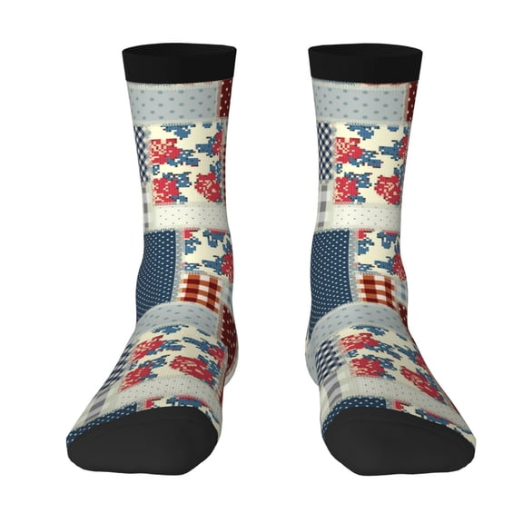 Uemuo Patchwork In Country Style Pattern Women's Crew Socks, Soft Durable Breathable Moisture-Wicking with Odor Control Cotton socks