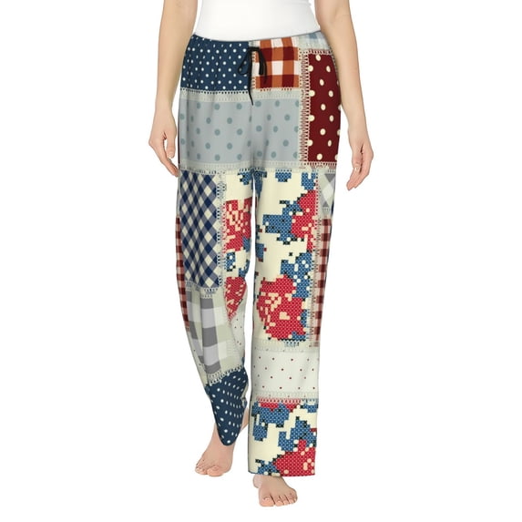 Uemuo Patchwork In Country Style Pattern Women's Wide Leg Palazzo Lounge Pants with Pockets Light Weight Loose Comfy Casual Pajama Pants-XX-Large