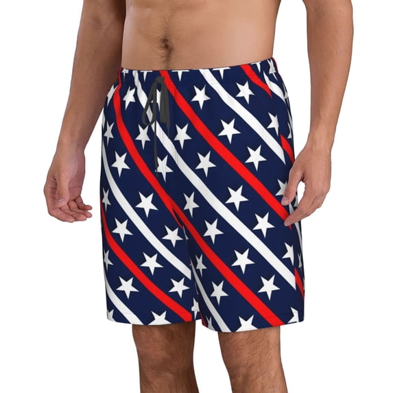 Uemuo Patriotic Star Pattern Men's Swim Trunks Hawaiian Beach Bathing Suit Swimsuits Beach Quick-Dry Shorts with Pockets-X-Large