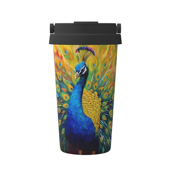 Uemuo Peacocks Print Carry Insulated Coffee Mug, Travel Mug with Hidden Handle, Insulated Coffee Flask, Leak-proof Travel Mug Insulated Mug for Office