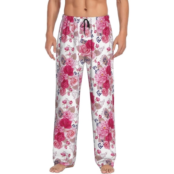 Uemuo Peonies And Roses Pattern Men's Wide Leg Palazzo Lounge Pants with Pockets Light Weight Loose Comfy Casual Pajama Pants-