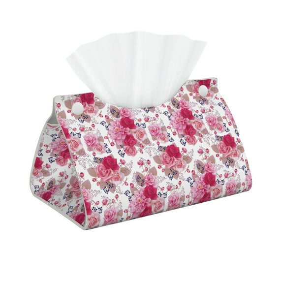 Uemuo Peonies And Roses Pattern Tissue Box Cover Holder, Triangle with Bottom Belt - PVC Leather Decorative Organizer for Tabletop, Bathroom, Car, Office