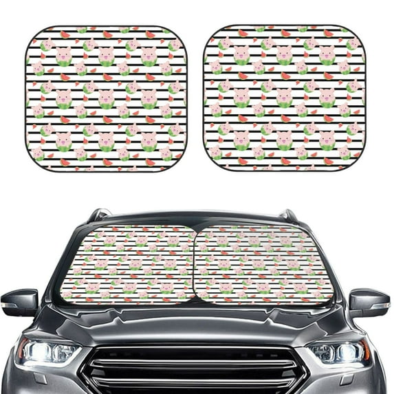 Uemuo Pig And Watermelon Printed 2 PCS Car Windshield Sun Shade, Auto Sun Heat and UV Rays Blocker, Foldable Automotive Front Window Sunshade Protector