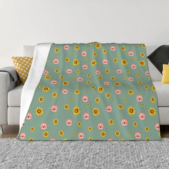 Uemuo Pig Face With Sunflower Printed Throw Blanket for Couch, Fluffy Fuzzy Blankets for Bed, Sofa, Cozy Flannel Faux Fur Blanket-