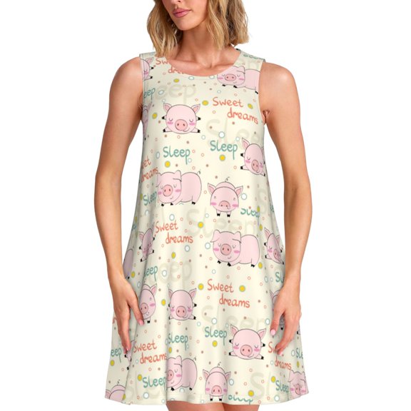 Uemuo Pigs Sleep Pattern Women’s Sleeveless Dress – Casual Summer A-Line Dress, Stylish and Comfortable Sundress for Hot Weather
