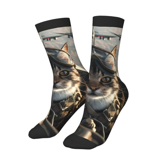 Uemuo Pilot Cat In Vintage Plane Printed Kids Boys Socks Seamless Crew Socks Crazy Funny Athletic Sport Socks for Children