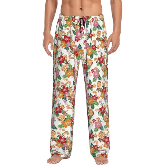 Uemuo Pineapple Flower Pattern Men's Wide Leg Palazzo Lounge Pants with Pockets Light Weight Loose Comfy Casual Pajama Pants-Large