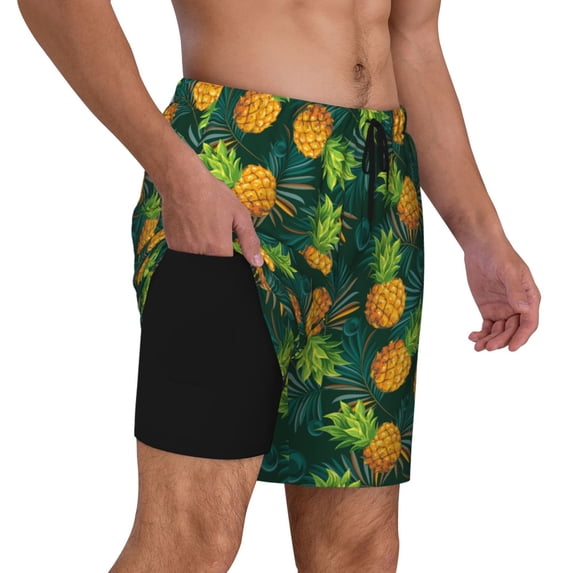Uemuo Pineapples with Palm Leaves Pattern Mens Swim Trunks Quick Dry Board Shorts with Mesh Lining, Stretch Beach Shorts Quick Dry No-Chafing Board Shorts-Small