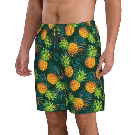 Uemuo Pineapples with Palm Leaves Pattern Men's Swim Trunks Hawaiian Beach Bathing Suit Swimsuits Beach Quick-Dry Shorts with Pockets-