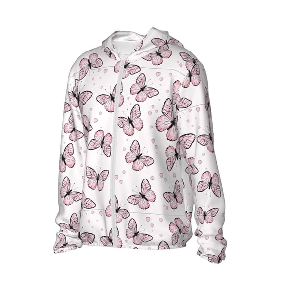 Uemuo Pink Butterflies (2) Pattern Women's Full Zip UPF 50+ Sun Protection Hoodie Jacket Long Sleeve Sun Shirt Hiking Outdoor Performance with Pockets-Medium