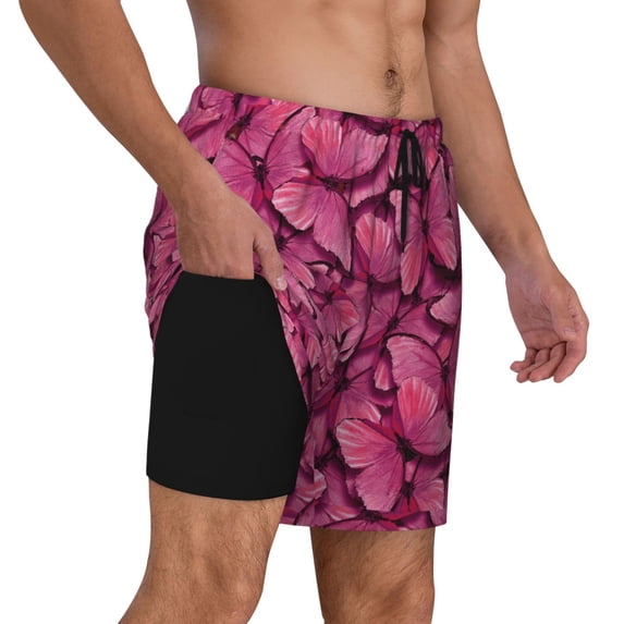 Uemuo Pink Butterfly Pattern Mens Swim Trunks Quick Dry Board Shorts with Mesh Lining, Stretch Beach Shorts Quick Dry No-Chafing Board Shorts-Large