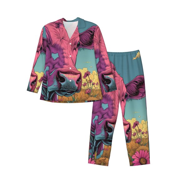 Uemuo Pink Cow In Sunflower Field Pattern 2-Piece Loungewear Set - Men’s Soft Sleepwear, Cozy Winter PJs, Comfy Sleep Set-