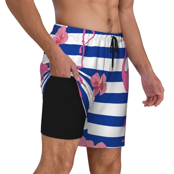 Uemuo Pink Flamingo Pattern Mens Swim Trunks Quick Dry Board Shorts with Mesh Lining, Stretch Beach Shorts Quick Dry No-Chafing Board Shorts-Medium