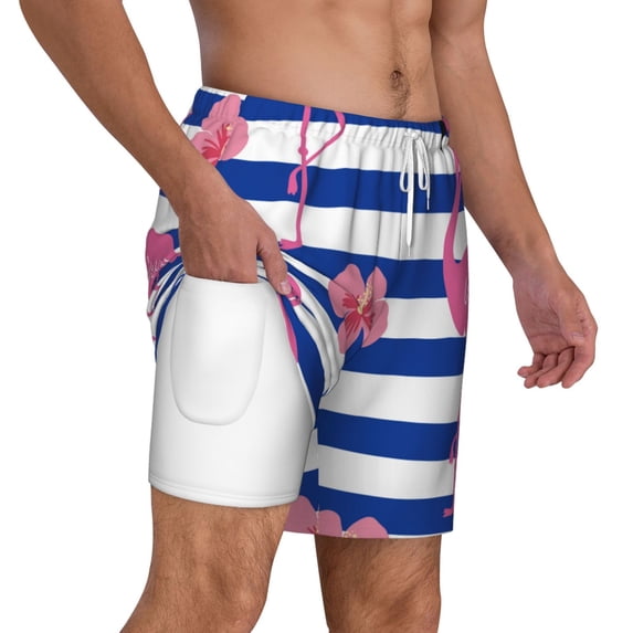 Uemuo Pink Flamingo Pattern Mens Swim Trunks Quick Dry Board Shorts with Mesh Lining, Stretch Beach Shorts Quick Dry No-Chafing Board Shorts-Small