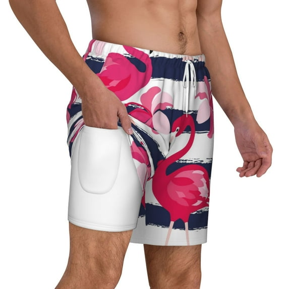 Uemuo Pink Flamingos Pattern Mens Swim Trunks Quick Dry Board Shorts with Mesh Lining, Stretch Beach Shorts Quick Dry No-Chafing Board Shorts-Large