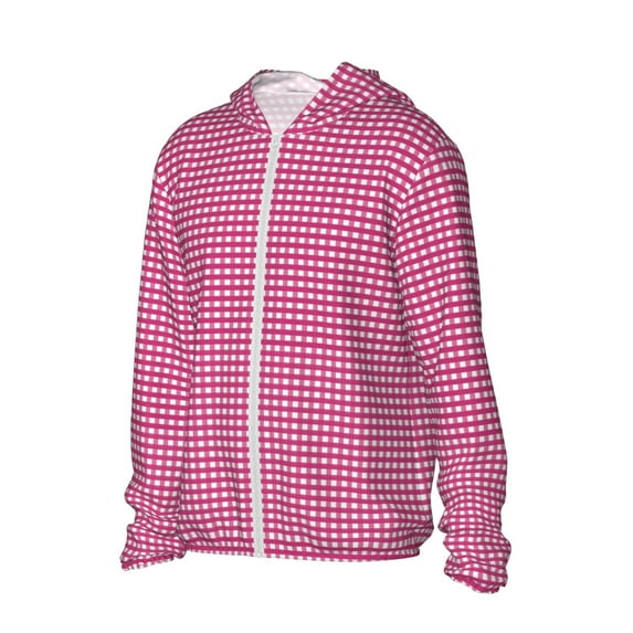 Uemuo Pink Gingham Pattern Women's Full Zip UPF 50+ Sun Protection Hoodie Jacket Long Sleeve Sun Shirt Hiking Outdoor Performance with Pockets-Medium